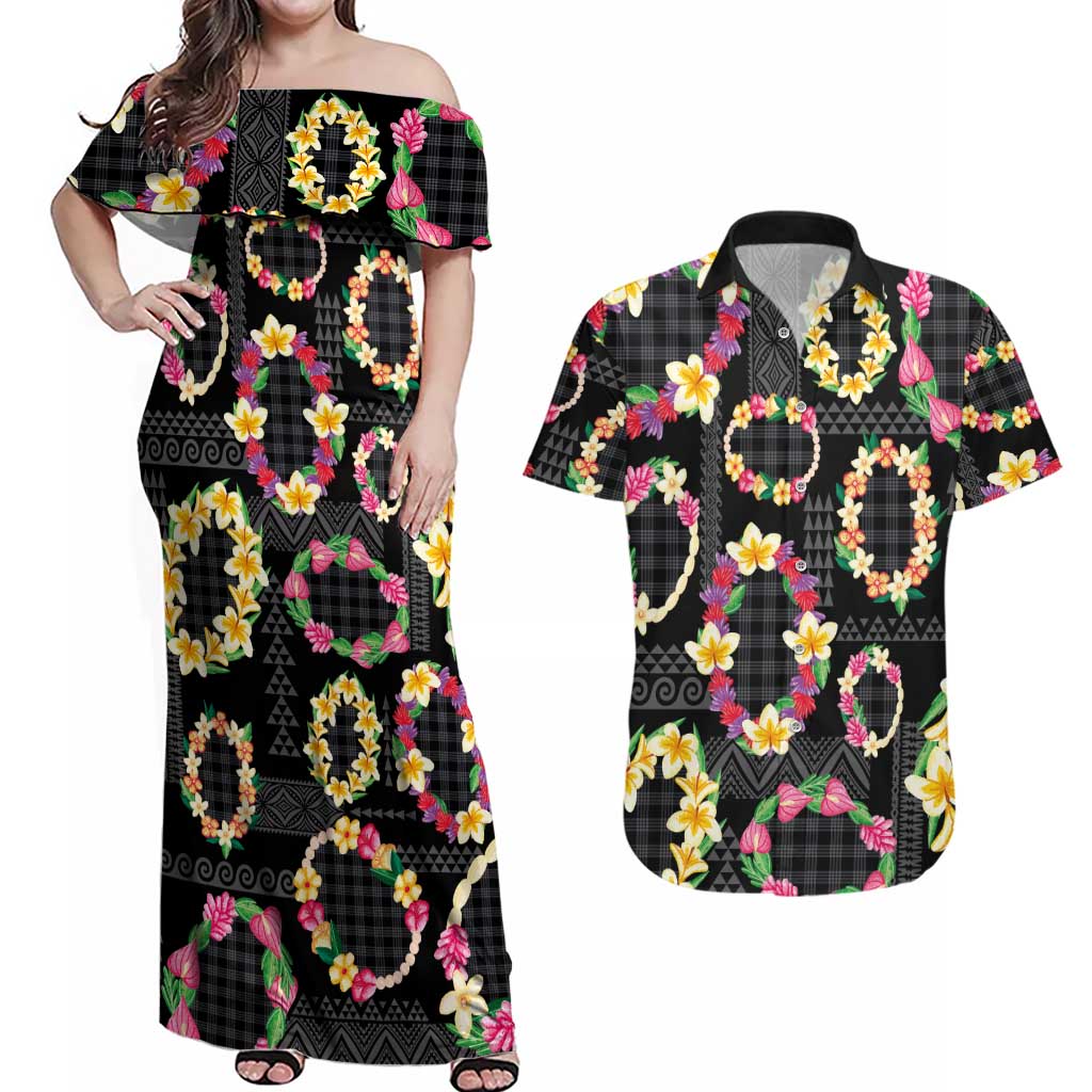 Hawaiian Kakau Tattoo Leis and Palaka Pattern Couples Matching Off Shoulder Maxi Dress and Hawaiian Shirt Traditional Aloha Tribal Black Color LT03 Black - Polynesian Pride
