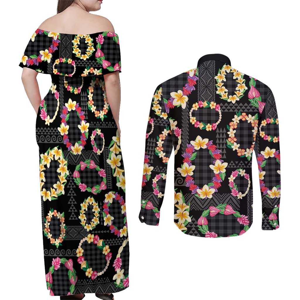 Hawaiian Kakau Tattoo Leis and Palaka Pattern Couples Matching Off Shoulder Maxi Dress and Long Sleeve Button Shirt Traditional Aloha Tribal Black Color LT03 - Polynesian Pride