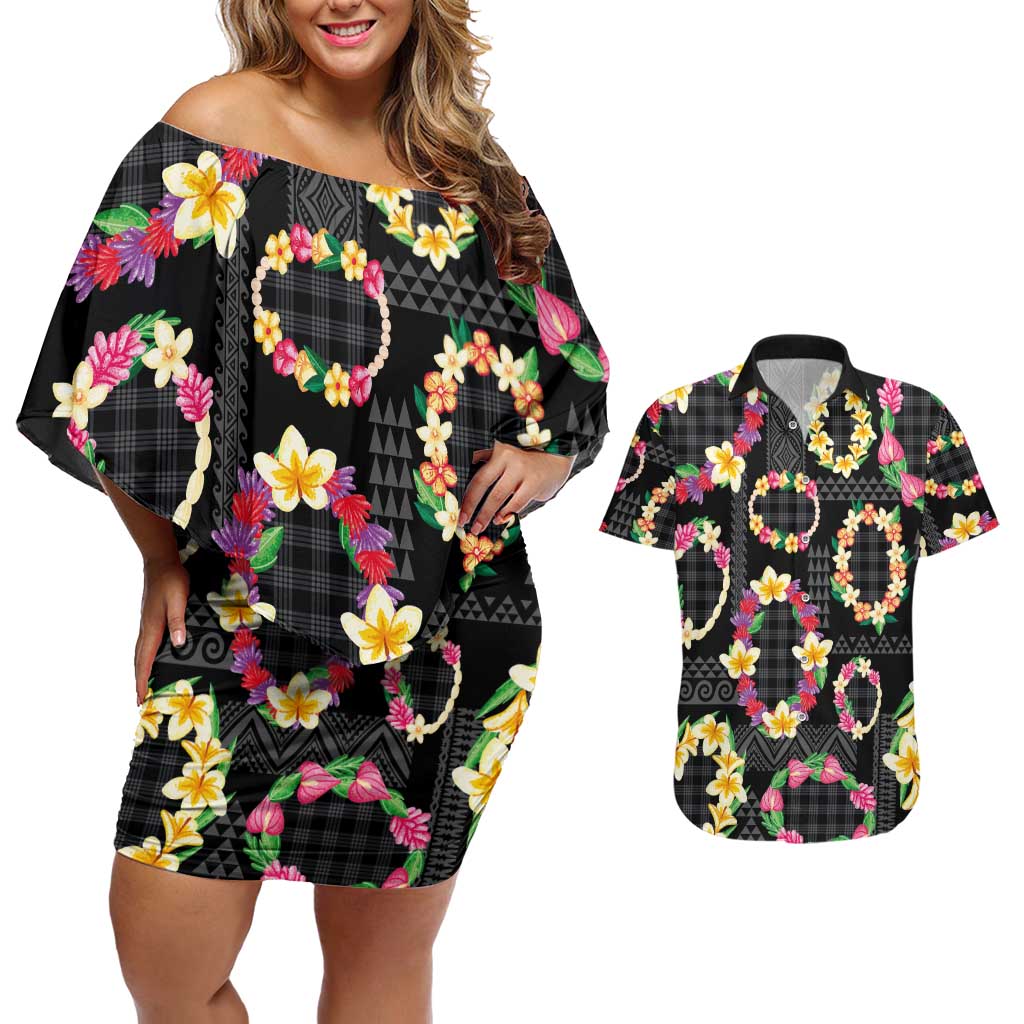 Hawaiian Kakau Tattoo Leis and Palaka Pattern Couples Matching Off Shoulder Short Dress and Hawaiian Shirt Traditional Aloha Tribal Black Color