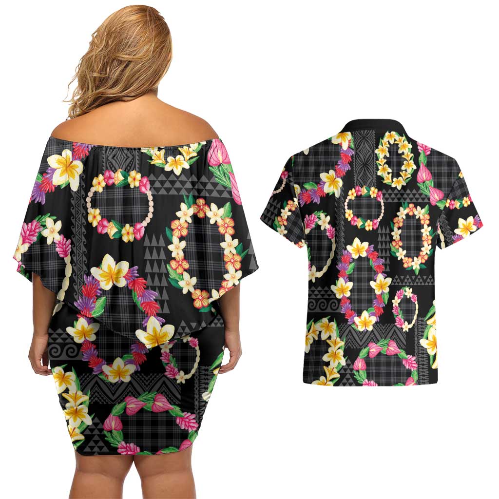 Hawaiian Kakau Tattoo Leis and Palaka Pattern Couples Matching Off Shoulder Short Dress and Hawaiian Shirt Traditional Aloha Tribal Black Color LT03 - Polynesian Pride