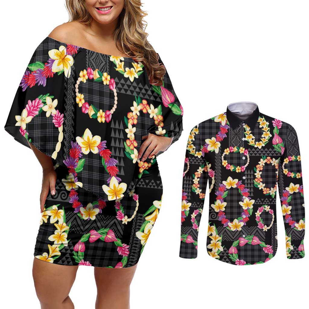 Hawaiian Kakau Tattoo Leis and Palaka Pattern Couples Matching Off Shoulder Short Dress and Long Sleeve Button Shirt Traditional Aloha Tribal Black Color