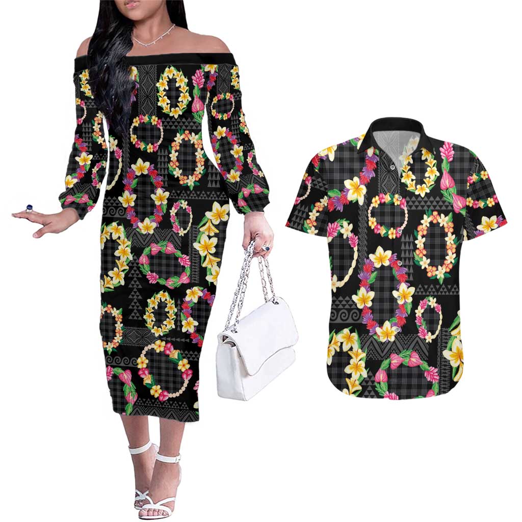 Hawaiian Kakau Tattoo Leis and Palaka Pattern Couples Matching Off The Shoulder Long Sleeve Dress and Hawaiian Shirt Traditional Aloha Tribal Black Color LT03 Black - Polynesian Pride