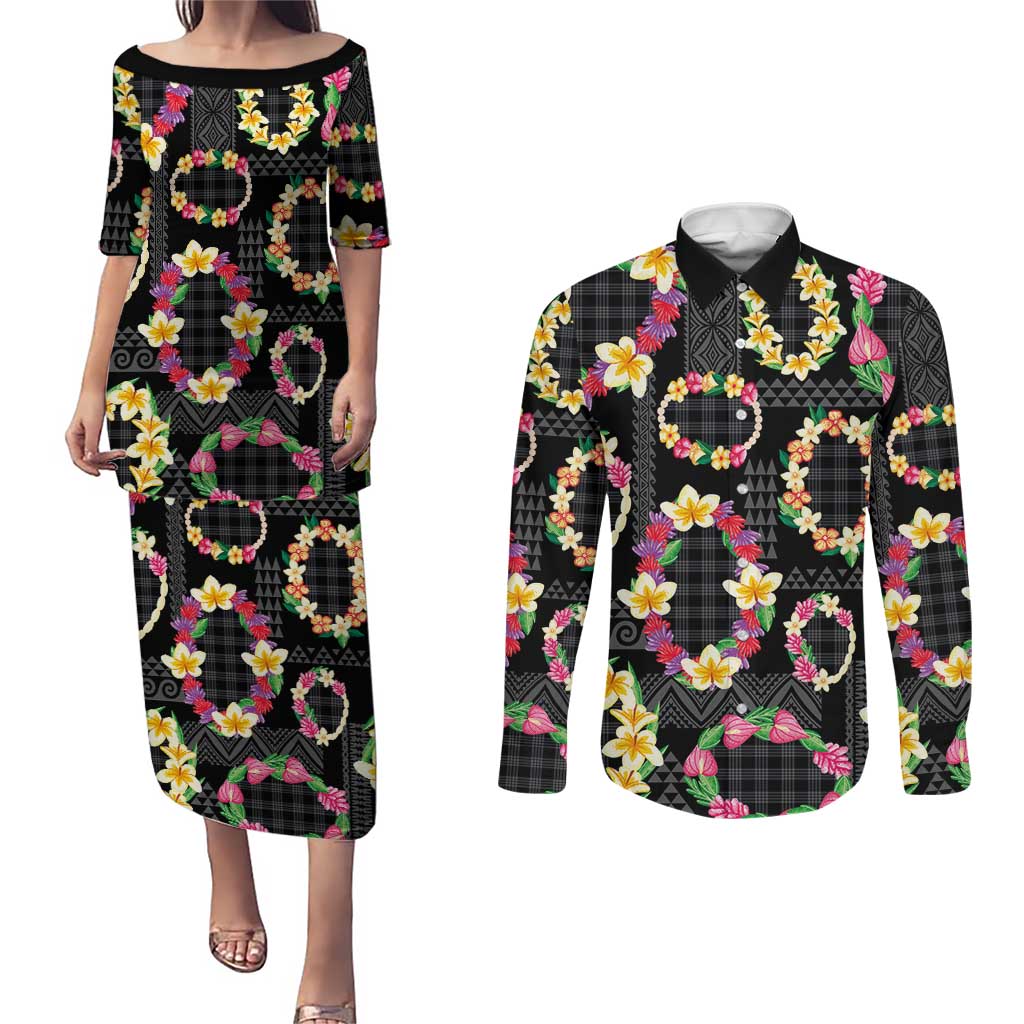 Hawaiian Kakau Tattoo Leis and Palaka Pattern Couples Matching Puletasi and Long Sleeve Button Shirt Traditional Aloha Tribal Black Color
