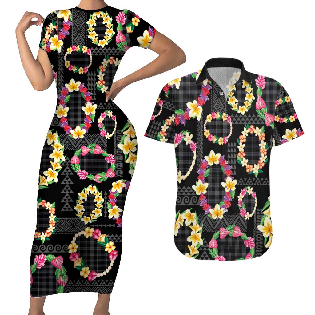 Hawaiian Kakau Tattoo Leis and Palaka Pattern Couples Matching Short Sleeve Bodycon Dress and Hawaiian Shirt Traditional Aloha Tribal Black Color