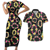Hawaiian Kakau Tattoo Leis and Palaka Pattern Couples Matching Short Sleeve Bodycon Dress and Hawaiian Shirt Traditional Aloha Tribal Black Color LT03 Black - Polynesian Pride