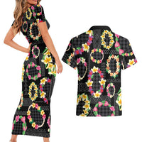 Hawaiian Kakau Tattoo Leis and Palaka Pattern Couples Matching Short Sleeve Bodycon Dress and Hawaiian Shirt Traditional Aloha Tribal Black Color LT03 - Polynesian Pride