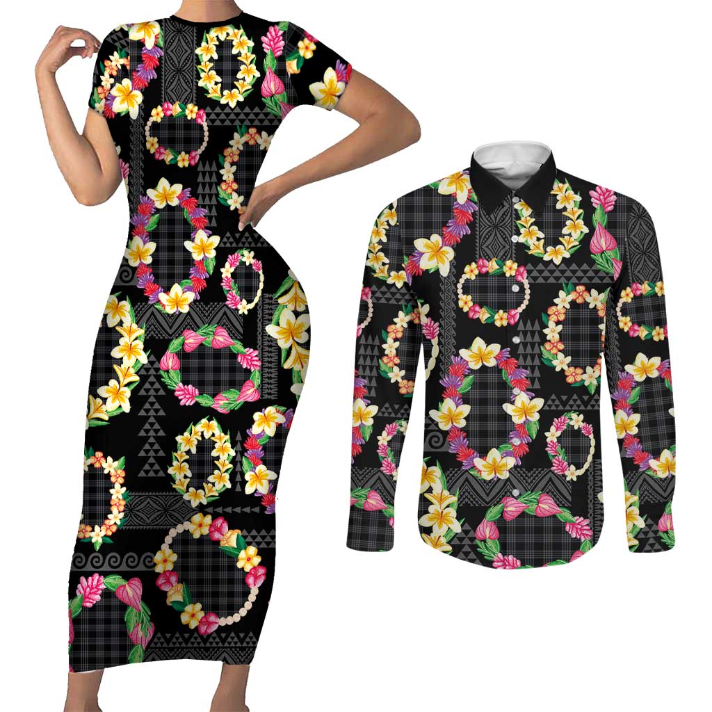 Hawaiian Kakau Tattoo Leis and Palaka Pattern Couples Matching Short Sleeve Bodycon Dress and Long Sleeve Button Shirt Traditional Aloha Tribal Black Color LT03 Black - Polynesian Pride