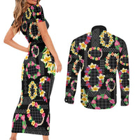 Hawaiian Kakau Tattoo Leis and Palaka Pattern Couples Matching Short Sleeve Bodycon Dress and Long Sleeve Button Shirt Traditional Aloha Tribal Black Color LT03 - Polynesian Pride