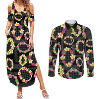 Hawaiian Kakau Tattoo Leis and Palaka Pattern Couples Matching Summer Maxi Dress and Long Sleeve Button Shirt Traditional Aloha Tribal Black Color LT03 Black - Polynesian Pride