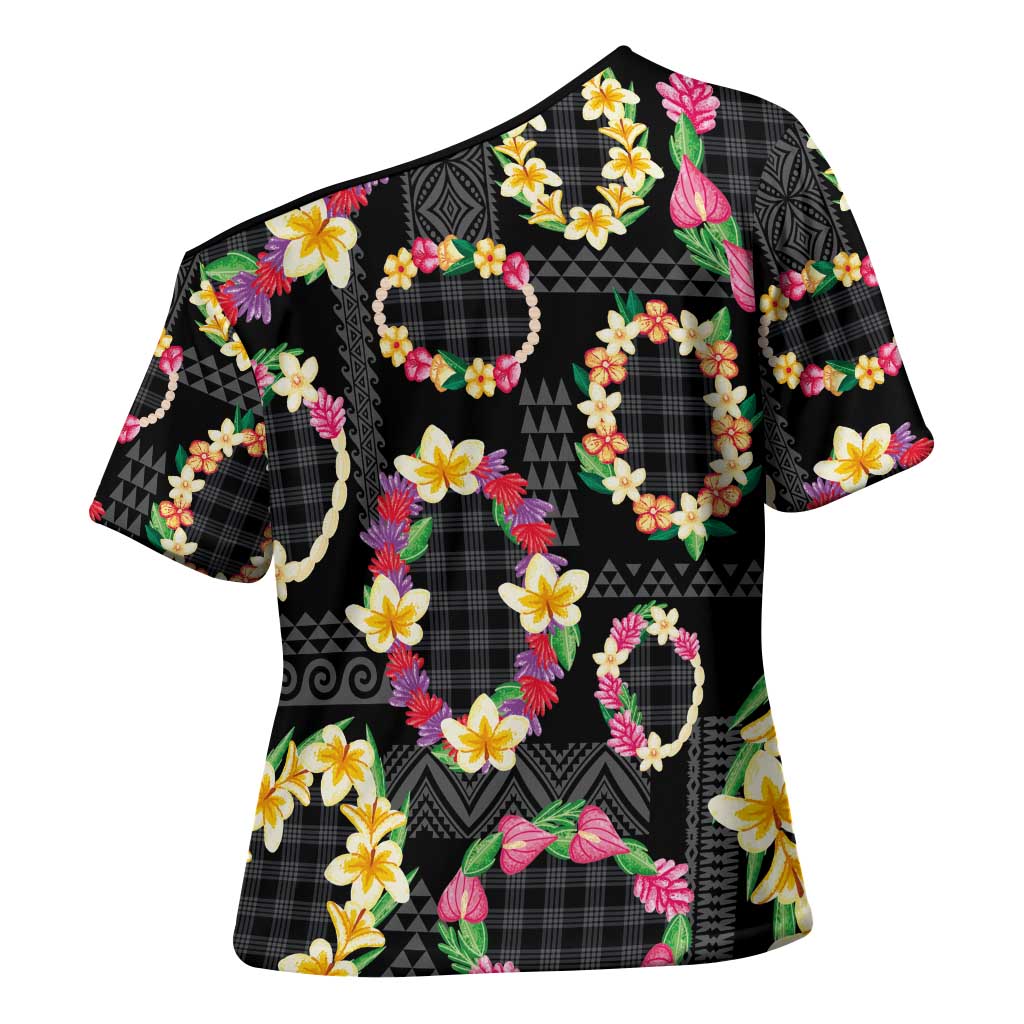 Hawaiian Kakau Tattoo Leis and Palaka Pattern Cross Shoulder Shirt Traditional Aloha Tribal Black Color LT03 - Polynesian Pride