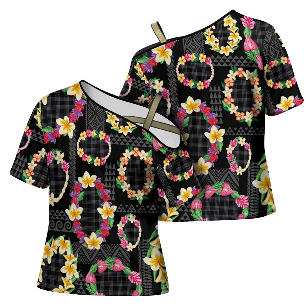Hawaiian Kakau Tattoo Leis and Palaka Pattern Cross Shoulder Shirt Traditional Aloha Tribal Black Color LT03 - Polynesian Pride
