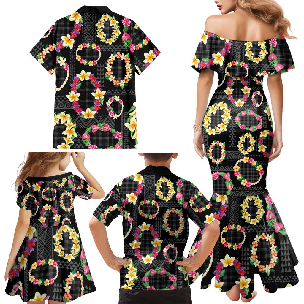 Hawaiian Kakau Tattoo Leis and Palaka Pattern Family Matching Mermaid Dress and Hawaiian Shirt Traditional Aloha Tribal Black Color LT03 - Polynesian Pride
