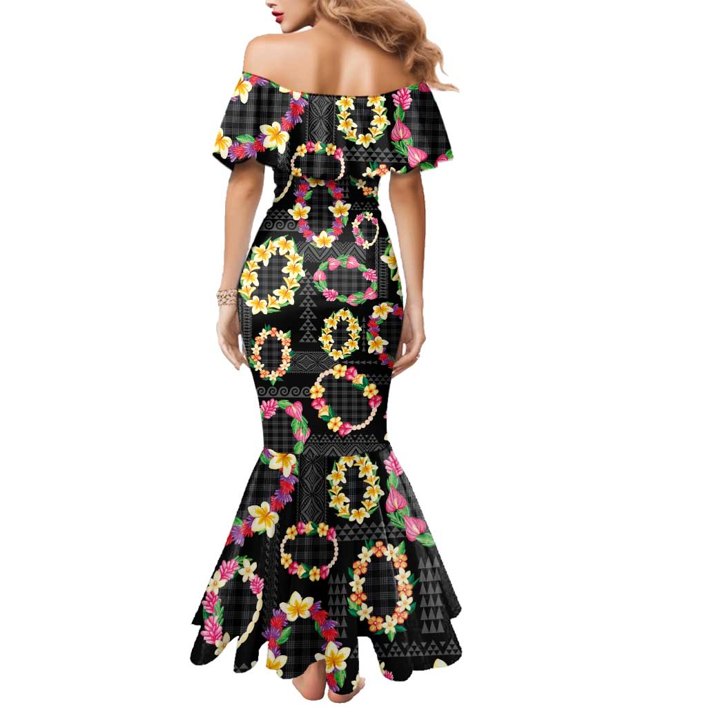 Hawaiian Kakau Tattoo Leis and Palaka Pattern Family Matching Mermaid Dress and Hawaiian Shirt Traditional Aloha Tribal Black Color LT03 - Polynesian Pride