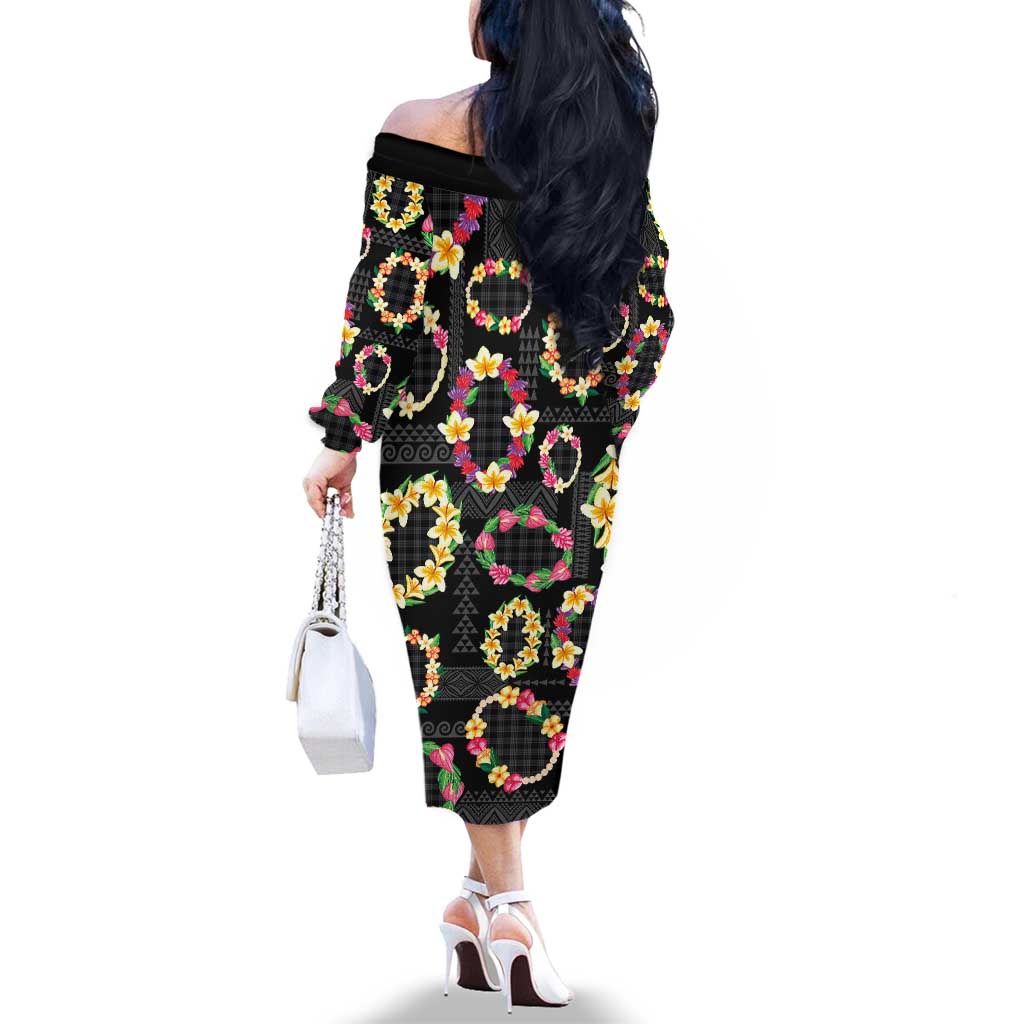 Hawaiian Kakau Tattoo Leis and Palaka Pattern Family Matching Off The Shoulder Long Sleeve Dress and Hawaiian Shirt Traditional Aloha Tribal Black Color LT03 - Polynesian Pride