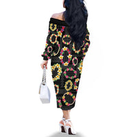 Hawaiian Kakau Tattoo Leis and Palaka Pattern Family Matching Off The Shoulder Long Sleeve Dress and Hawaiian Shirt Traditional Aloha Tribal Black Color LT03 - Polynesian Pride