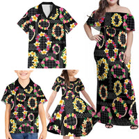 Hawaiian Kakau Tattoo Leis and Palaka Pattern Family Matching Off Shoulder Maxi Dress and Hawaiian Shirt Traditional Aloha Tribal Black Color LT03 - Polynesian Pride