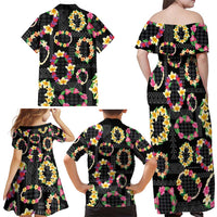 Hawaiian Kakau Tattoo Leis and Palaka Pattern Family Matching Off Shoulder Maxi Dress and Hawaiian Shirt Traditional Aloha Tribal Black Color LT03 - Polynesian Pride