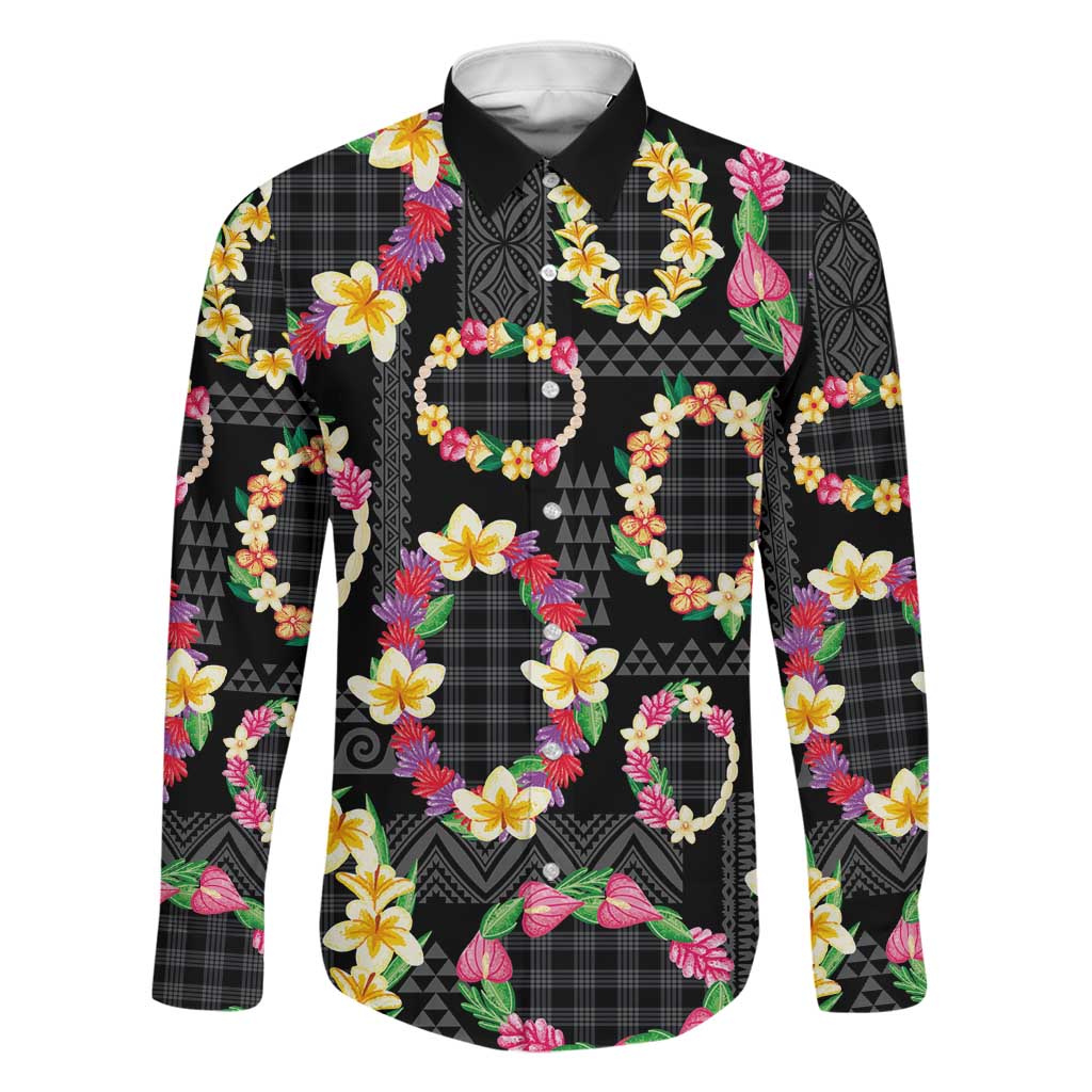Hawaiian Kakau Tattoo Leis and Palaka Pattern Family Matching Puletasi and Hawaiian Shirt Traditional Aloha Tribal Black Color LT03 Dad's Shirt - Long Sleeve Black - Polynesian Pride