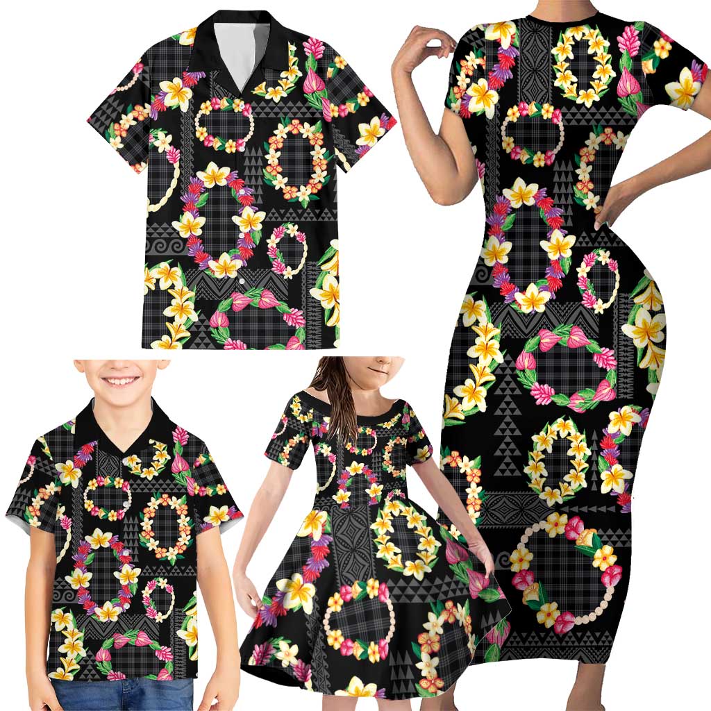 Hawaiian Kakau Tattoo Leis and Palaka Pattern Family Matching Short Sleeve Bodycon Dress and Hawaiian Shirt Traditional Aloha Tribal Black Color