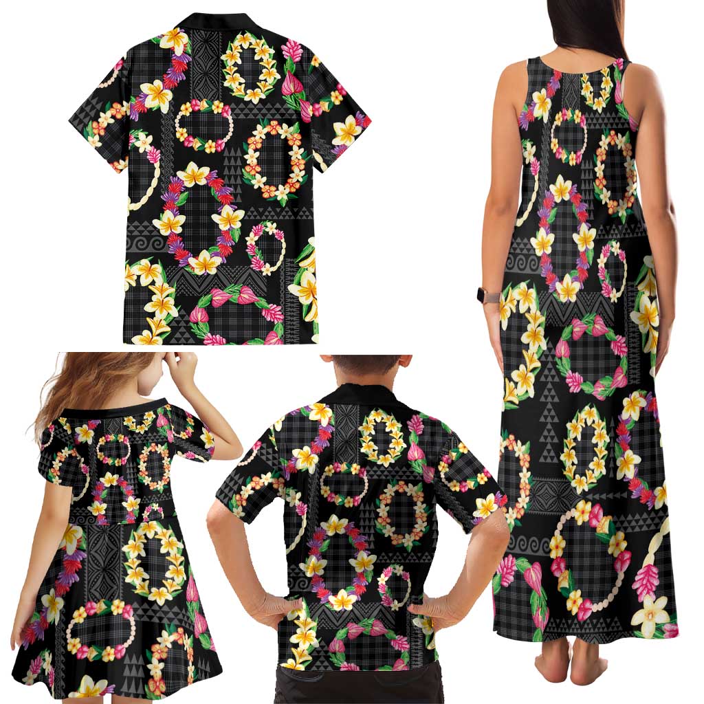 Hawaiian Kakau Tattoo Leis and Palaka Pattern Family Matching Tank Maxi Dress and Hawaiian Shirt Traditional Aloha Tribal Black Color LT03 - Polynesian Pride