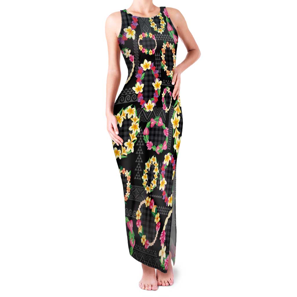 Hawaiian Kakau Tattoo Leis and Palaka Pattern Family Matching Tank Maxi Dress and Hawaiian Shirt Traditional Aloha Tribal Black Color LT03 Mom's Dress Black - Polynesian Pride