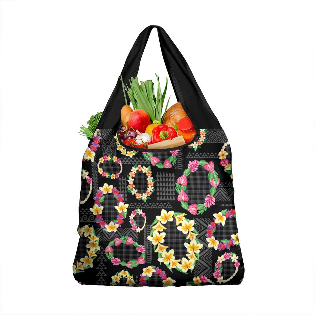 Hawaiian Kakau Tattoo Leis and Palaka Pattern Grocery Bag Traditional Aloha Tribal Black Color LT03 1-pack One Size Black - Polynesian Pride
