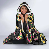 Hawaiian Kakau Tattoo Leis and Palaka Pattern Hooded Blanket Traditional Aloha Tribal Black Color