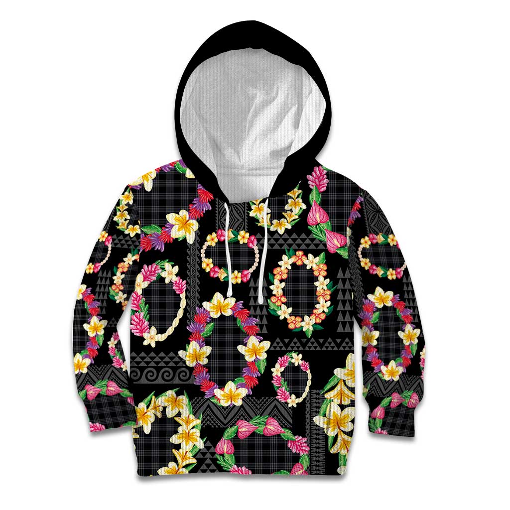 Hawaiian Kakau Tattoo Leis and Palaka Pattern Kid Hoodie Traditional Aloha Tribal Black Color