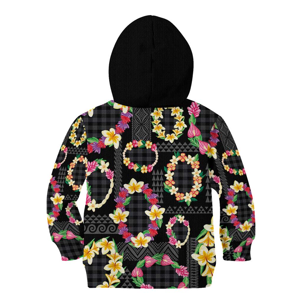 Hawaiian Kakau Tattoo Leis and Palaka Pattern Kid Hoodie Traditional Aloha Tribal Black Color