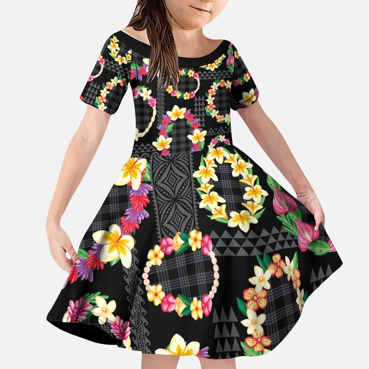 Hawaiian Kakau Tattoo Leis and Palaka Pattern Kid Short Sleeve Dress Traditional Aloha Tribal Black Color
