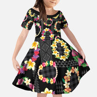 Hawaiian Kakau Tattoo Leis and Palaka Pattern Kid Short Sleeve Dress Traditional Aloha Tribal Black Color