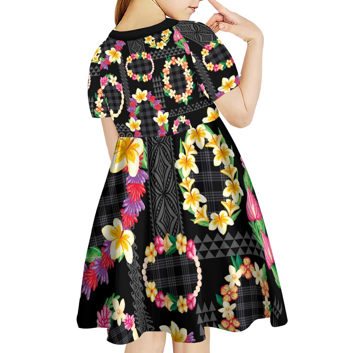 Hawaiian Kakau Tattoo Leis and Palaka Pattern Kid Short Sleeve Dress Traditional Aloha Tribal Black Color