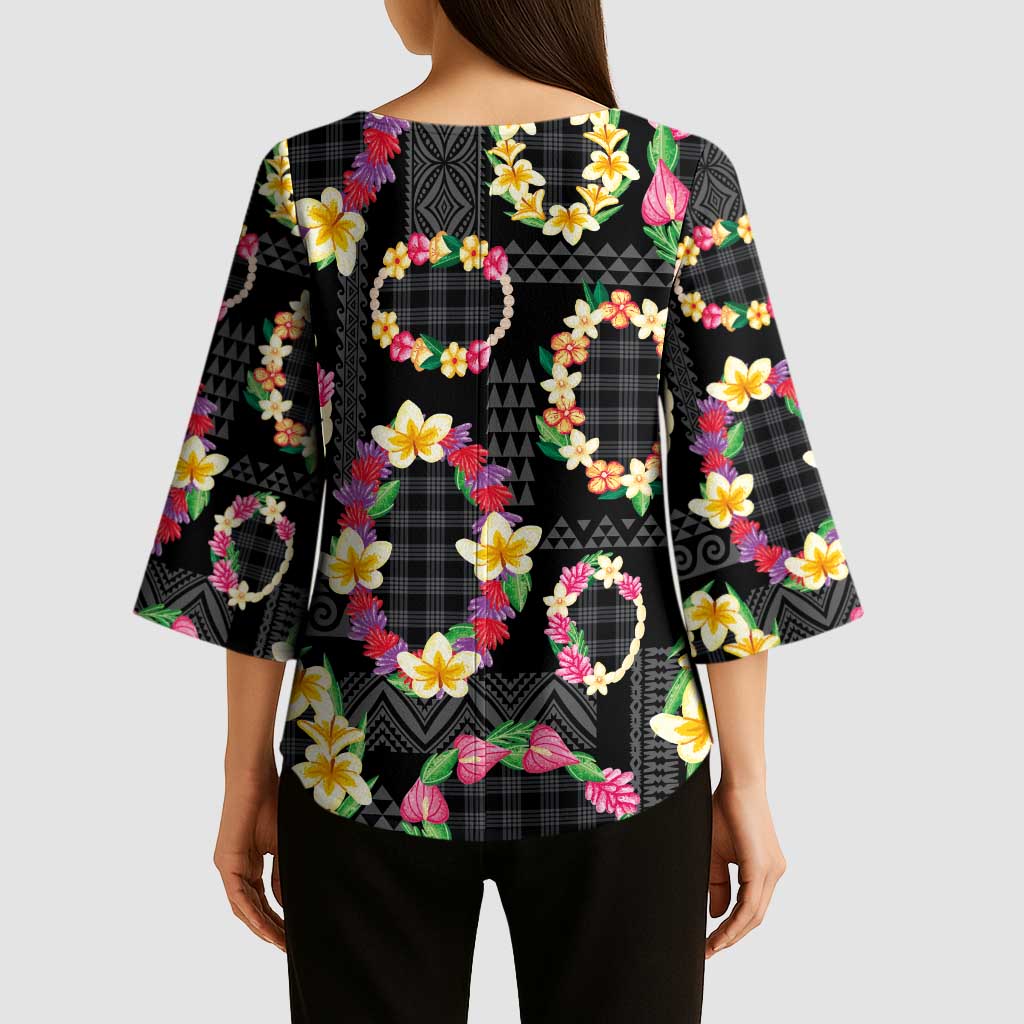 Hawaiian Kakau Tattoo Leis and Palaka Pattern Kimono Sleeve Blouse Traditional Aloha Tribal Black Color