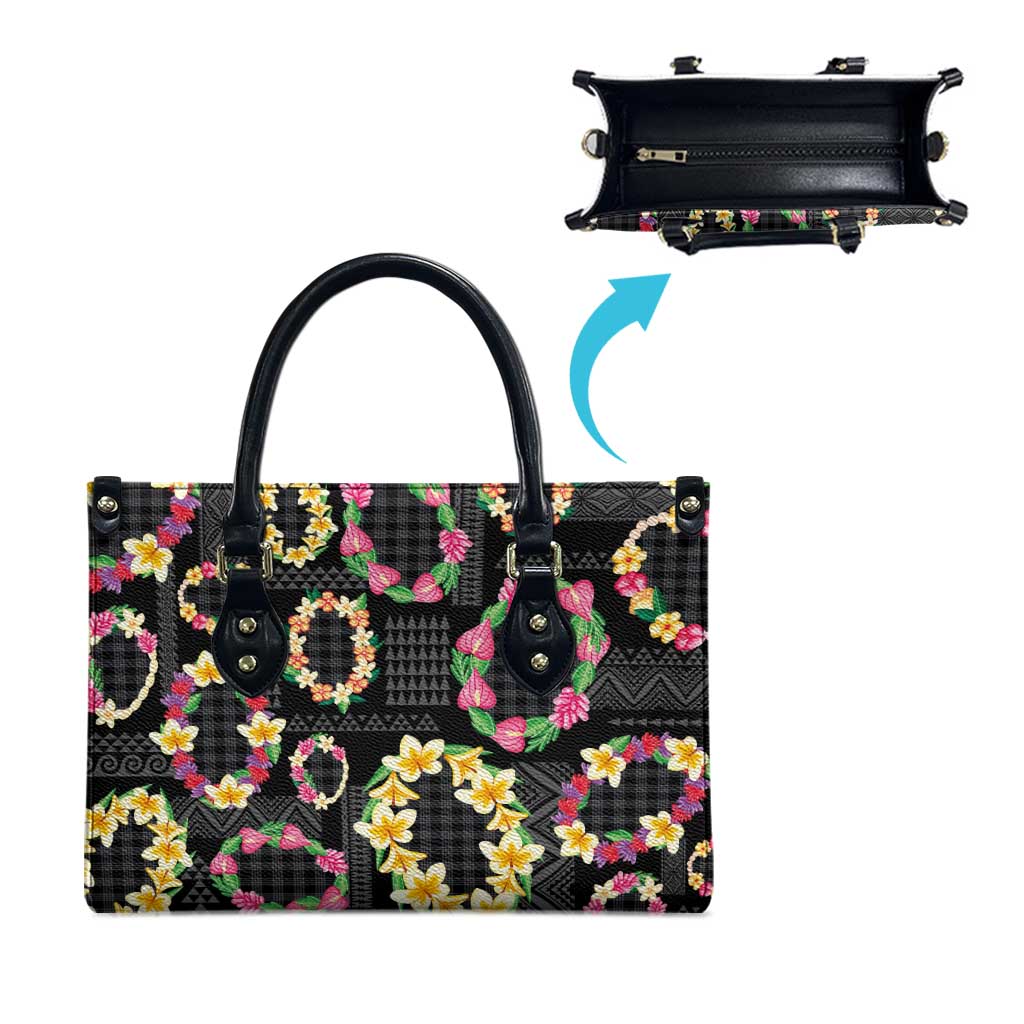 Hawaiian Kakau Tattoo Leis and Palaka Pattern Leather Bag Traditional Aloha Tribal Black Color