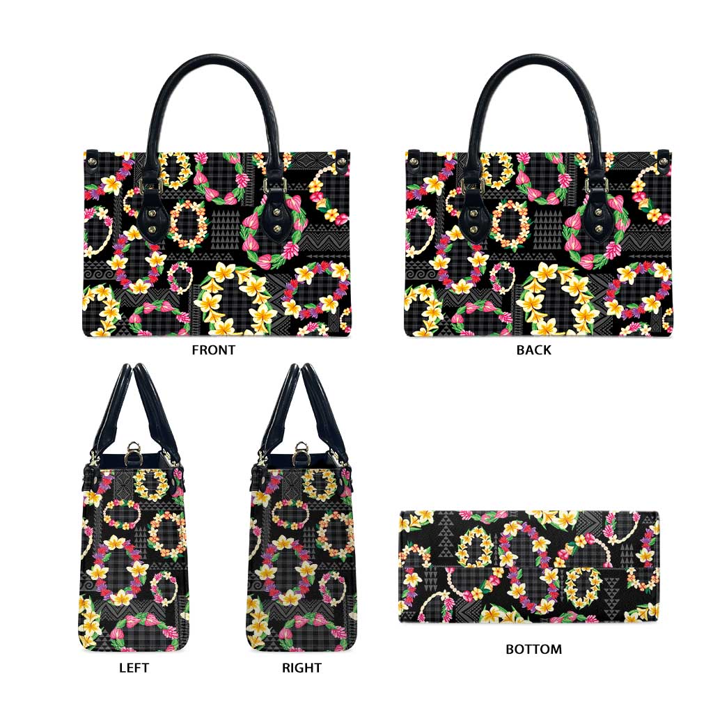 Hawaiian Kakau Tattoo Leis and Palaka Pattern Leather Bag Traditional Aloha Tribal Black Color