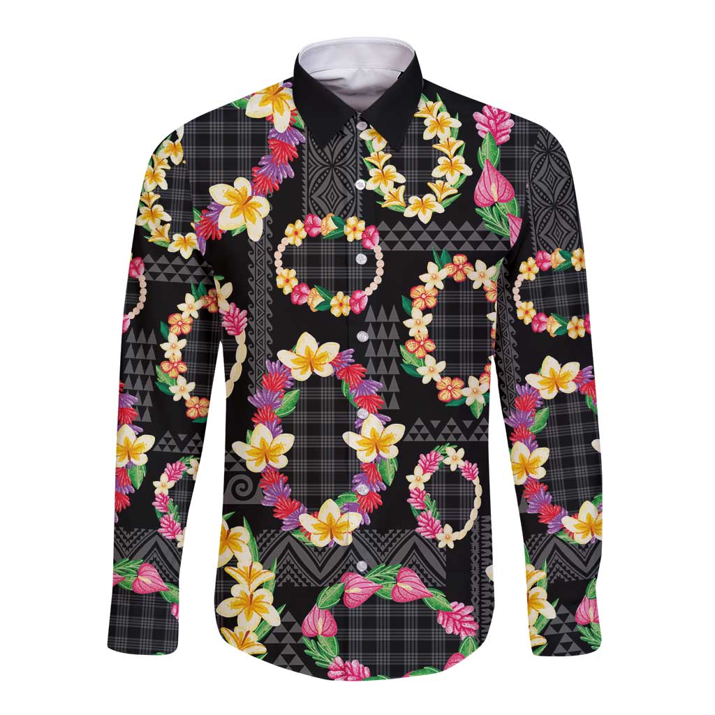 Hawaiian Kakau Tattoo Leis and Palaka Pattern Long Sleeve Button Shirt Traditional Aloha Tribal Black Color