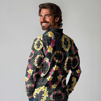 Hawaiian Kakau Tattoo Leis and Palaka Pattern Long Sleeve Polo Shirt Traditional Aloha Tribal Black Color