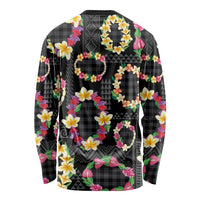 Hawaiian Kakau Tattoo Leis and Palaka Pattern Long Sleeve Shirt Traditional Aloha Tribal Black Color