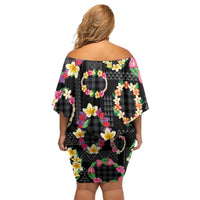 Hawaiian Kakau Tattoo Leis and Palaka Pattern Off Shoulder Short Dress Traditional Aloha Tribal Black Color