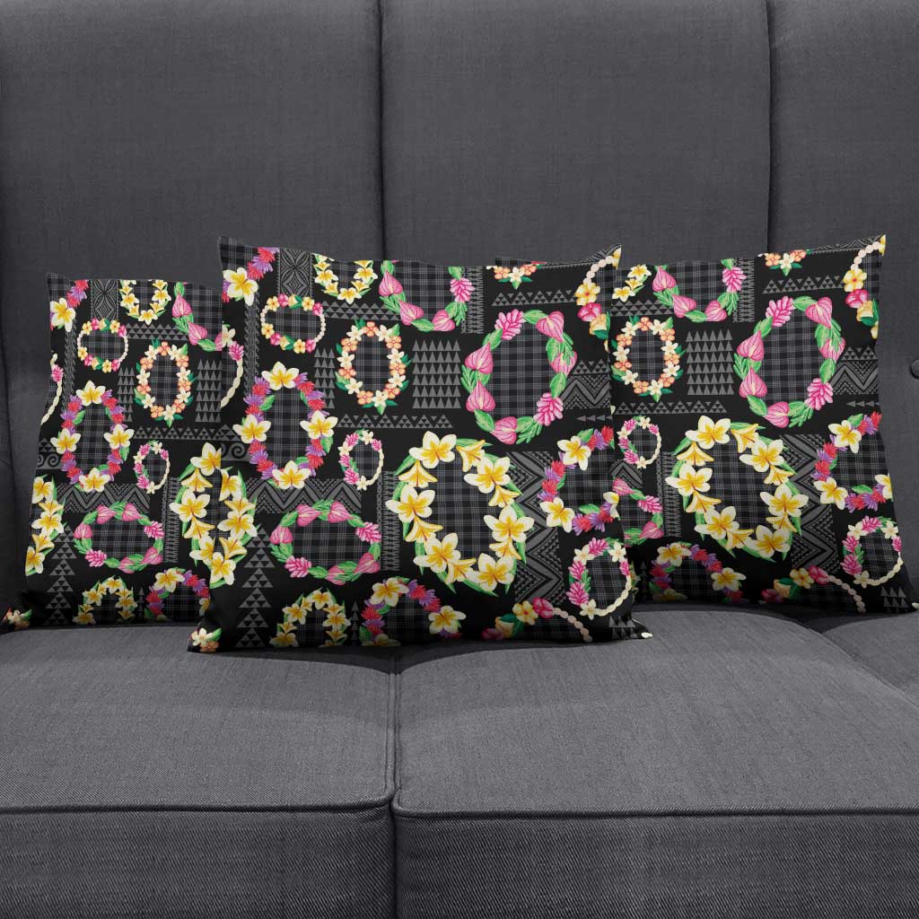 Hawaiian Kakau Tattoo Leis and Palaka Pattern Pillow Cover Traditional Aloha Tribal Black Color