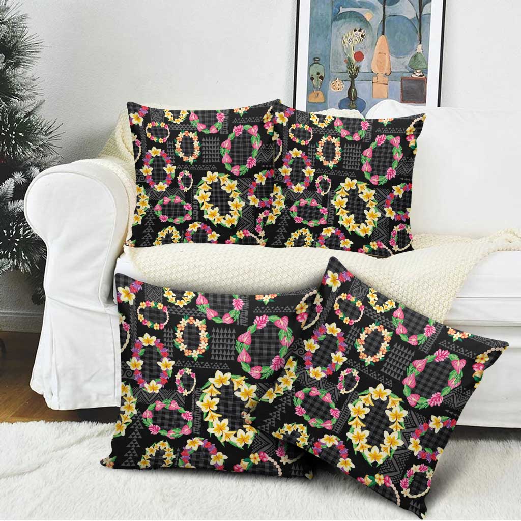 Hawaiian Kakau Tattoo Leis and Palaka Pattern Pillow Cover Traditional Aloha Tribal Black Color