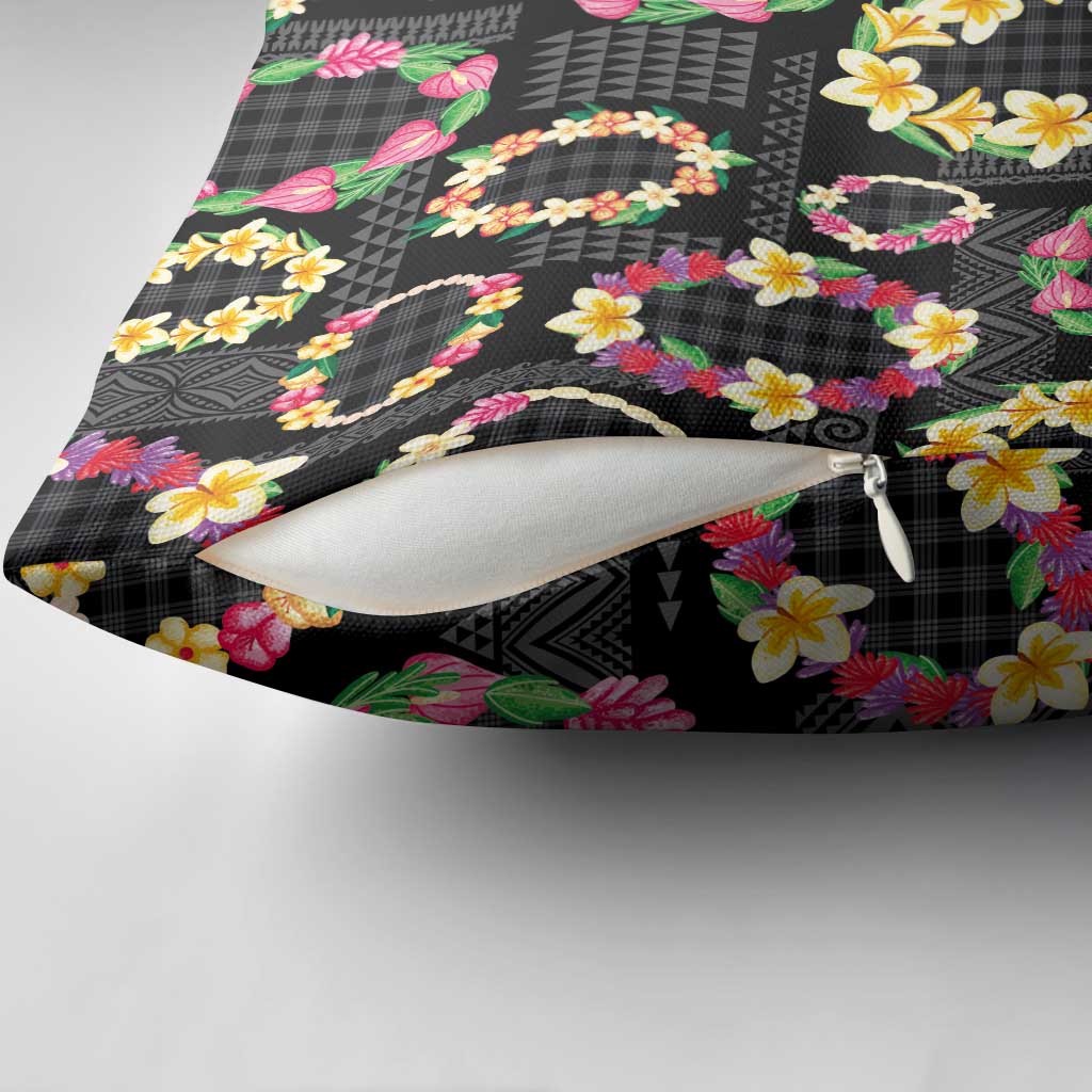 Hawaiian Kakau Tattoo Leis and Palaka Pattern Pillow Cover Traditional Aloha Tribal Black Color