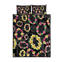 Hawaiian Kakau Tattoo Leis and Palaka Pattern Quilt Bed Set Traditional Aloha Tribal Black Color