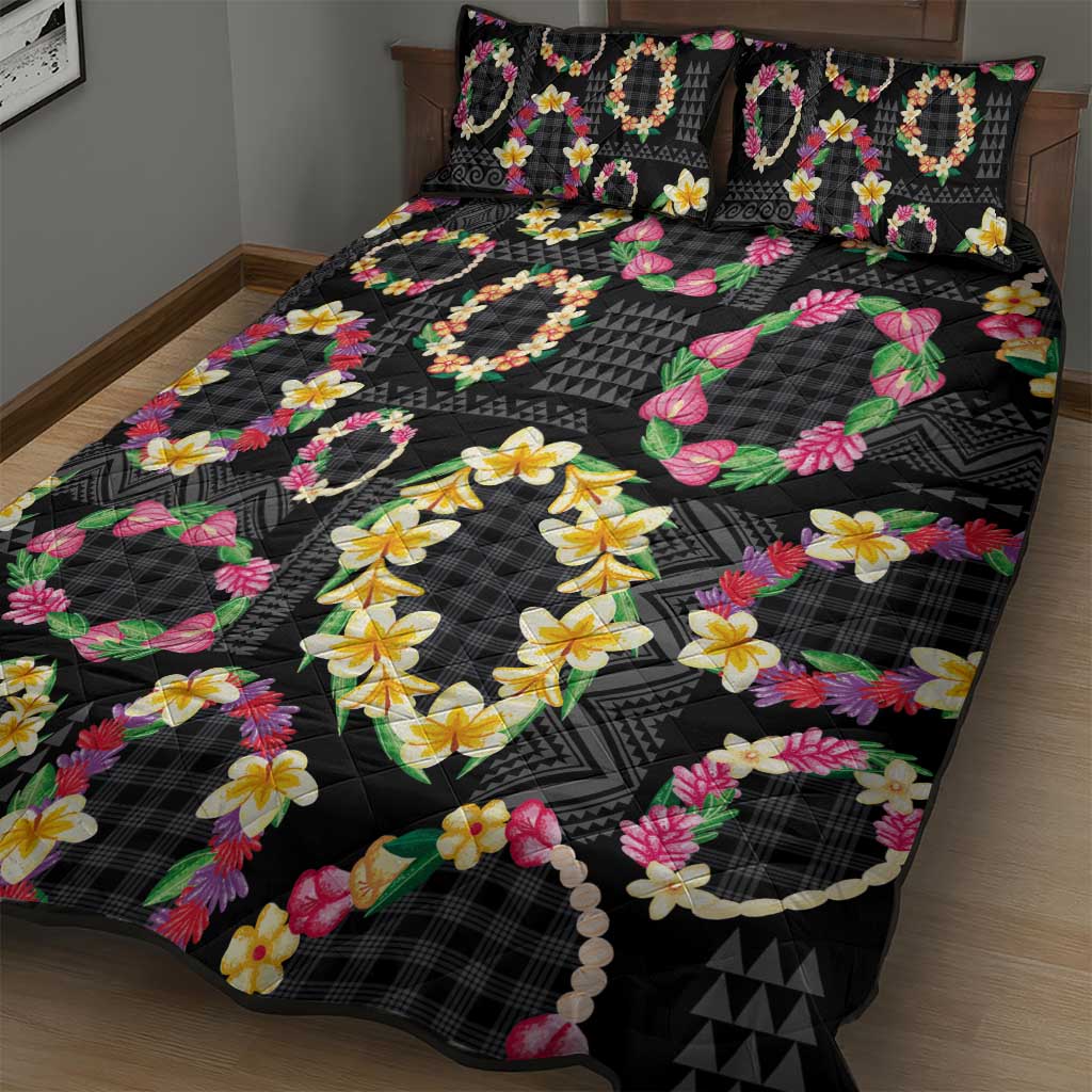 Hawaiian Kakau Tattoo Leis and Palaka Pattern Quilt Bed Set Traditional Aloha Tribal Black Color