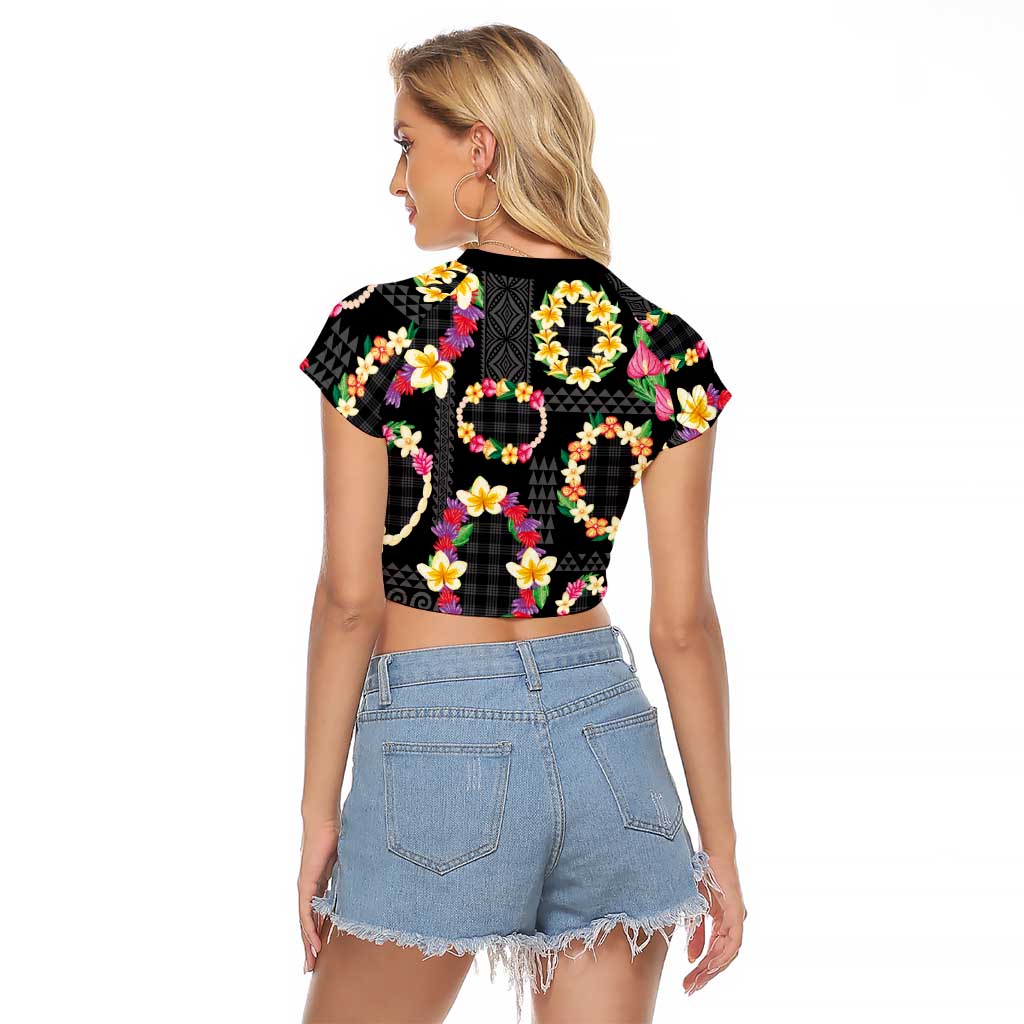 Hawaiian Kakau Tattoo Leis and Palaka Pattern Raglan Cropped T Shirt Traditional Aloha Tribal Black Color