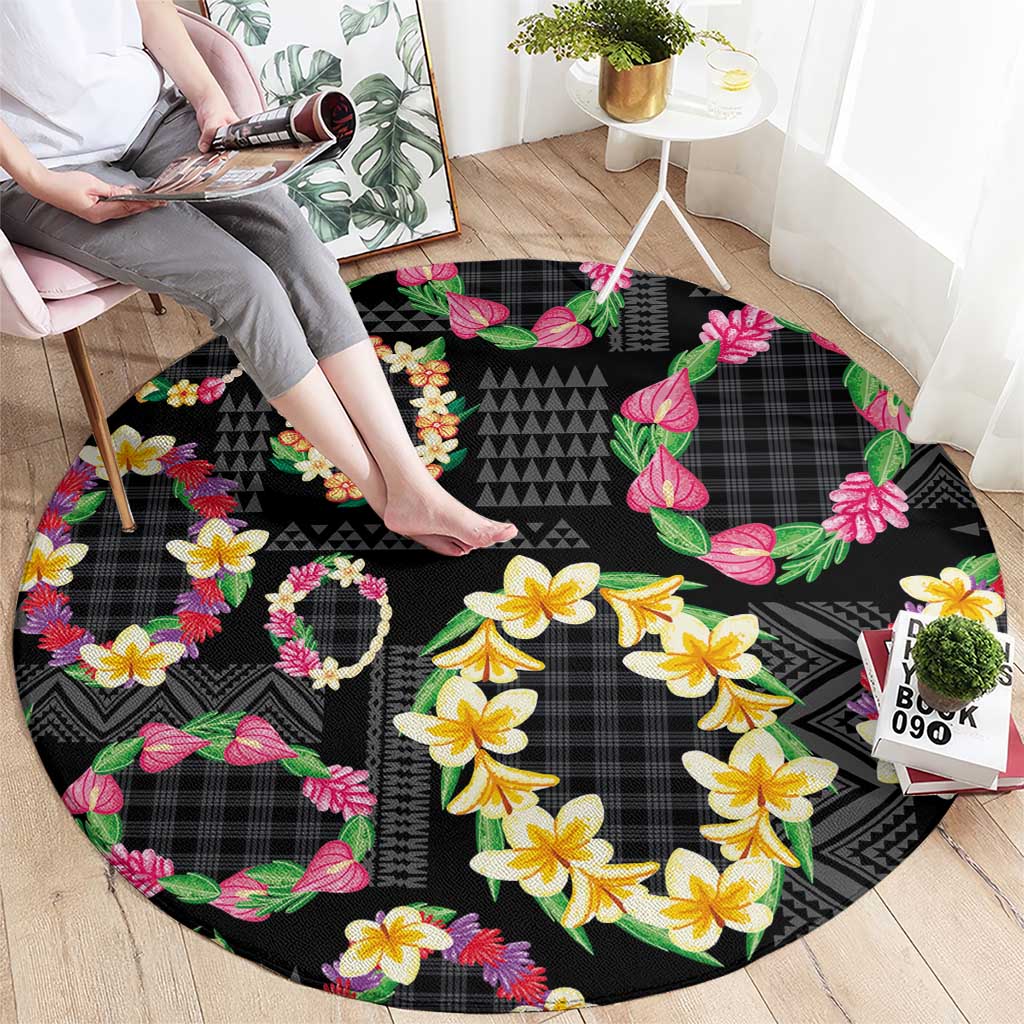 Hawaiian Kakau Tattoo Leis and Palaka Pattern Round Carpet Traditional Aloha Tribal Black Color