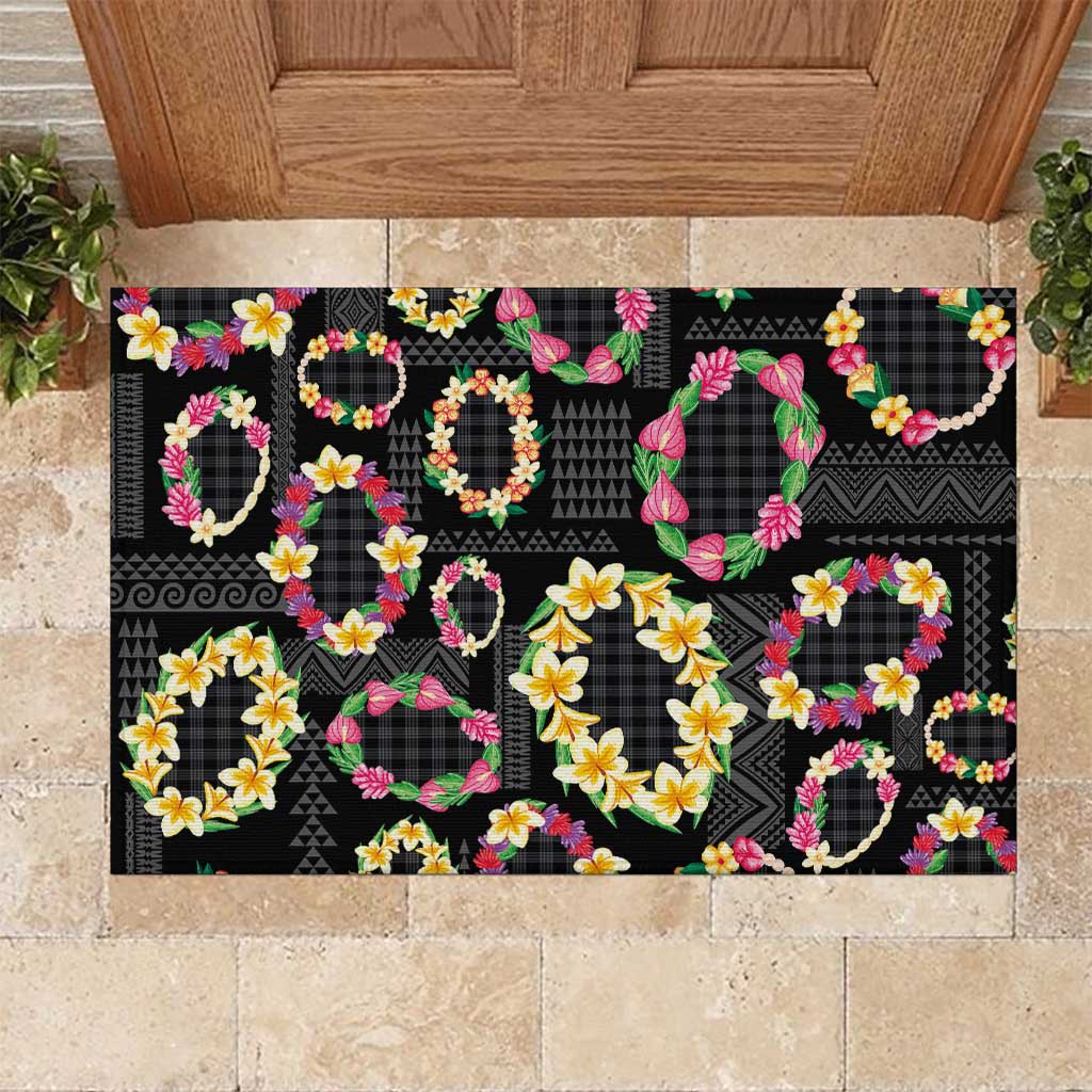 Hawaiian Kakau Tattoo Leis and Palaka Pattern Rubber Doormat Traditional Aloha Tribal Black Color