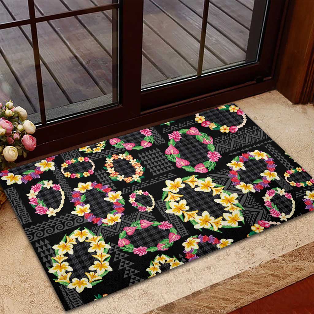 Hawaiian Kakau Tattoo Leis and Palaka Pattern Rubber Doormat Traditional Aloha Tribal Black Color