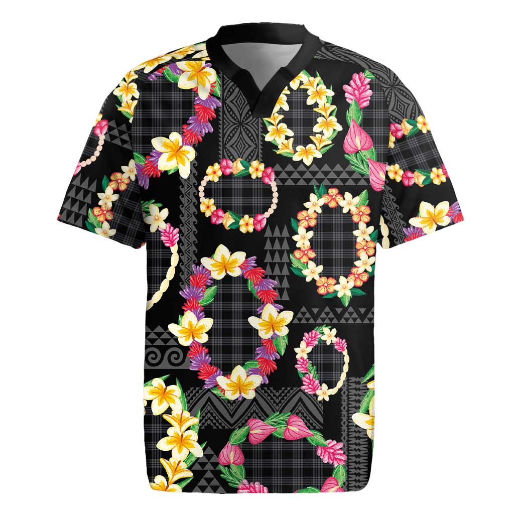 Hawaiian Kakau Tattoo Leis and Palaka Pattern Rugby Jersey Traditional Aloha Tribal Black Color