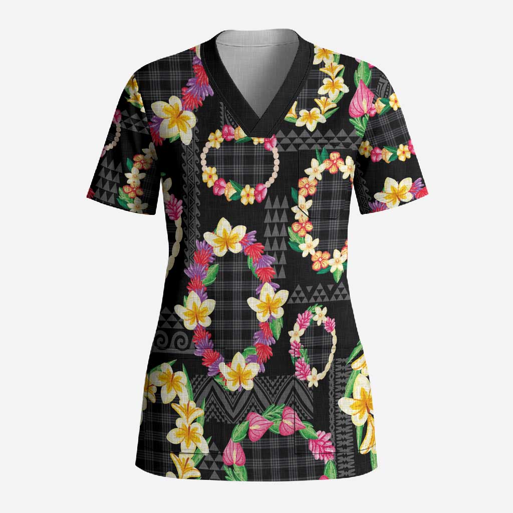Hawaiian Kakau Tattoo Leis and Palaka Pattern Scrub Top Traditional Aloha Tribal Black Color